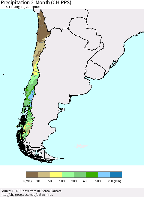 Chile Precipitation 2-Month (CHIRPS) Thematic Map For 6/11/2019 - 8/10/2019