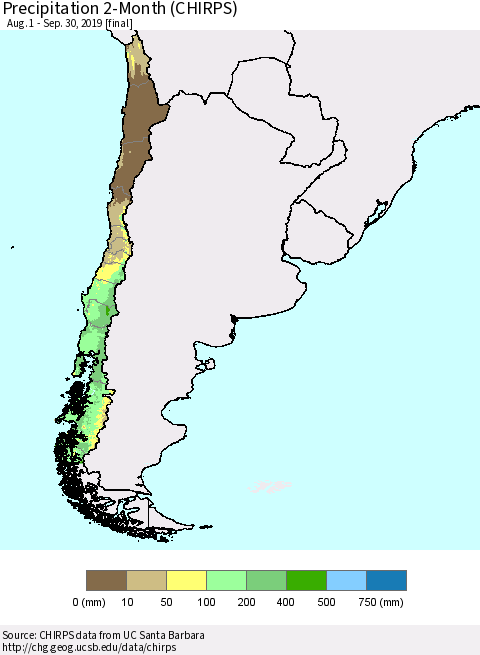 Chile Precipitation 2-Month (CHIRPS) Thematic Map For 8/1/2019 - 9/30/2019