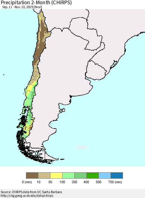 Chile Precipitation 2-Month (CHIRPS) Thematic Map For 9/11/2019 - 11/10/2019