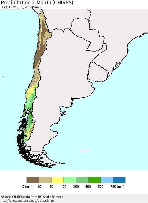 Chile Precipitation 2-Month (CHIRPS) Thematic Map For 10/1/2019 - 11/30/2019
