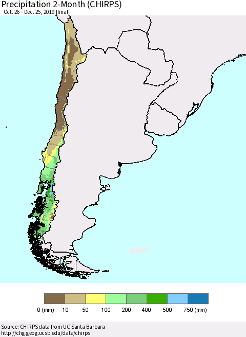 Chile Precipitation 2-Month (CHIRPS) Thematic Map For 10/26/2019 - 12/25/2019
