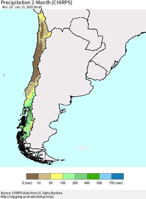 Chile Precipitation 2-Month (CHIRPS) Thematic Map For 11/16/2019 - 1/15/2020