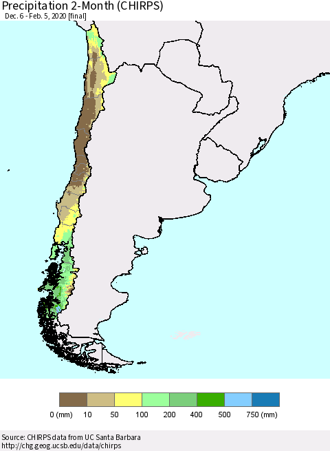 Chile Precipitation 2-Month (CHIRPS) Thematic Map For 12/6/2019 - 2/5/2020