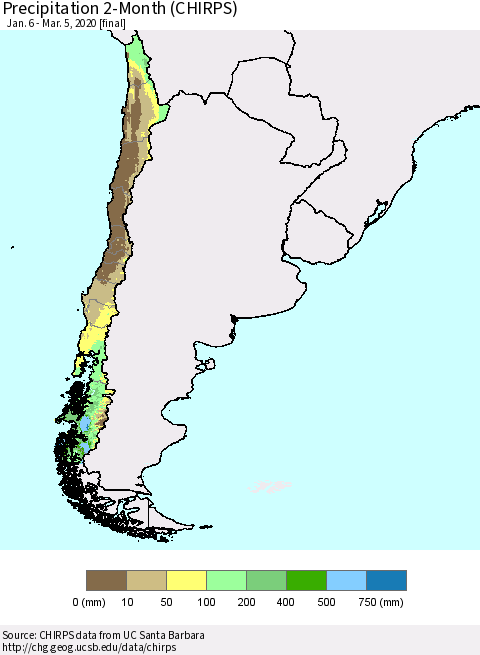 Chile Precipitation 2-Month (CHIRPS) Thematic Map For 1/6/2020 - 3/5/2020