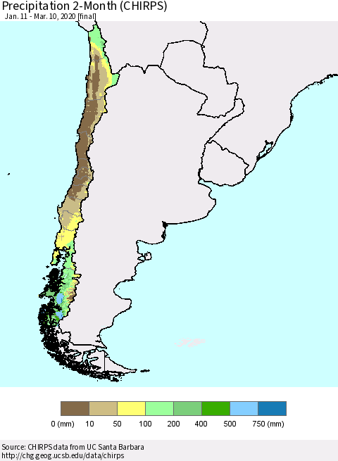 Chile Precipitation 2-Month (CHIRPS) Thematic Map For 1/11/2020 - 3/10/2020