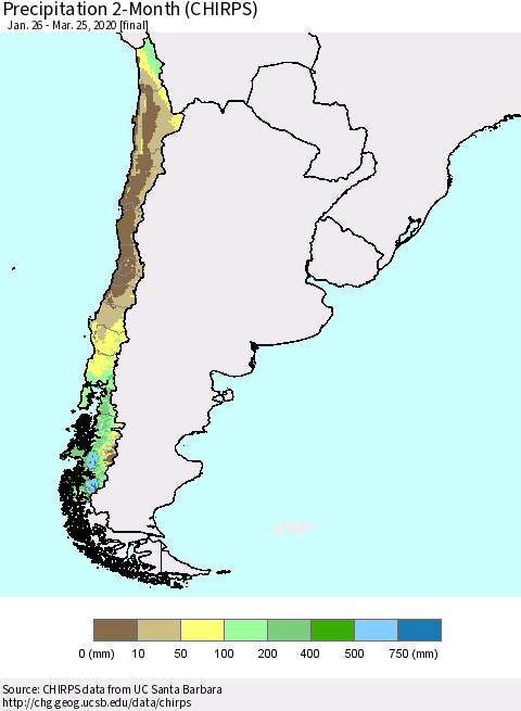 Chile Precipitation 2-Month (CHIRPS) Thematic Map For 1/26/2020 - 3/25/2020