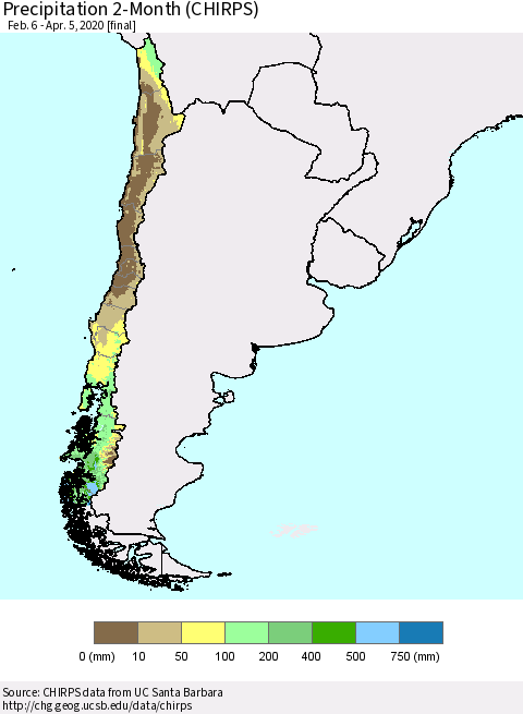 Chile Precipitation 2-Month (CHIRPS) Thematic Map For 2/6/2020 - 4/5/2020