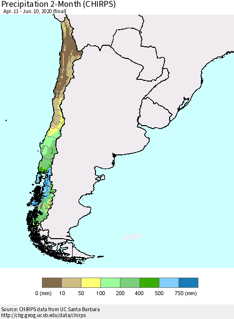 Chile Precipitation 2-Month (CHIRPS) Thematic Map For 4/11/2020 - 6/10/2020