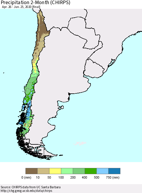 Chile Precipitation 2-Month (CHIRPS) Thematic Map For 4/26/2020 - 6/25/2020