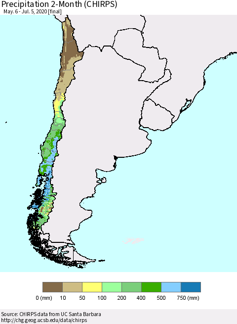 Chile Precipitation 2-Month (CHIRPS) Thematic Map For 5/6/2020 - 7/5/2020