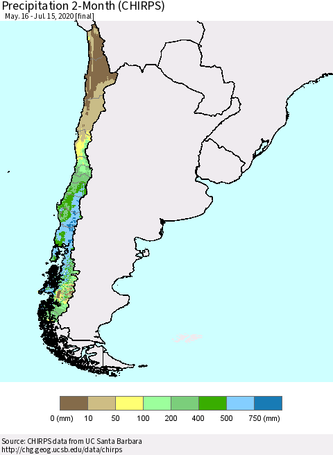 Chile Precipitation 2-Month (CHIRPS) Thematic Map For 5/16/2020 - 7/15/2020