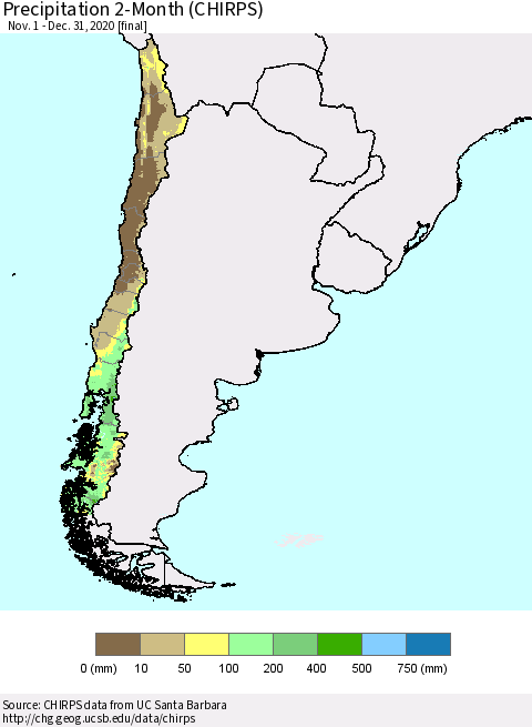 Chile Precipitation 2-Month (CHIRPS) Thematic Map For 11/1/2020 - 12/31/2020