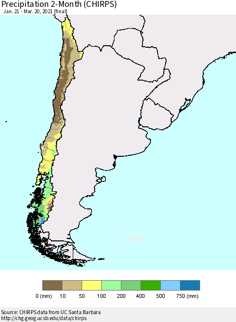 Chile Precipitation 2-Month (CHIRPS) Thematic Map For 1/21/2021 - 3/20/2021