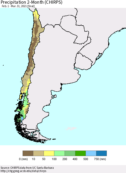 Chile Precipitation 2-Month (CHIRPS) Thematic Map For 2/1/2021 - 3/31/2021