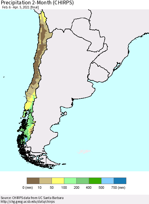 Chile Precipitation 2-Month (CHIRPS) Thematic Map For 2/6/2021 - 4/5/2021