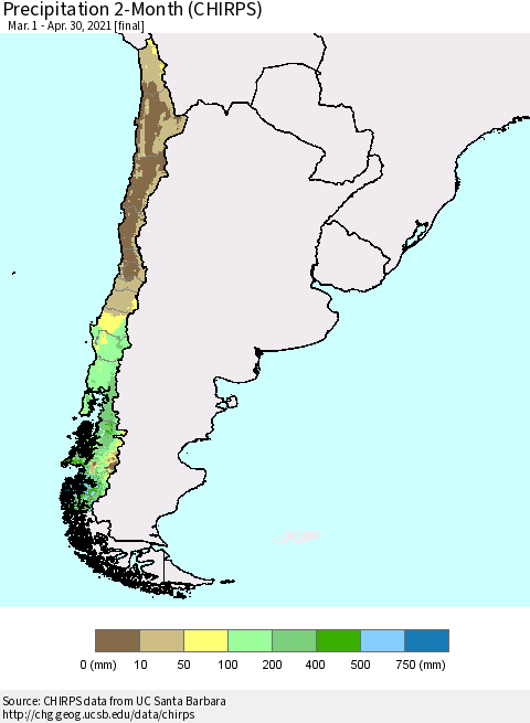 Chile Precipitation 2-Month (CHIRPS) Thematic Map For 3/1/2021 - 4/30/2021
