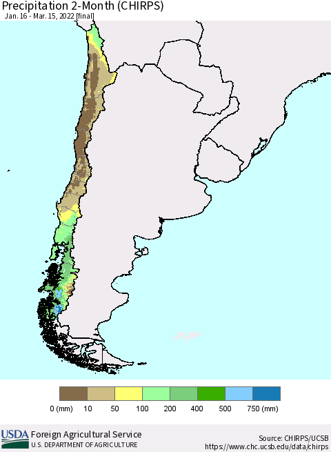 Chile Precipitation 2-Month (CHIRPS) Thematic Map For 1/16/2022 - 3/15/2022