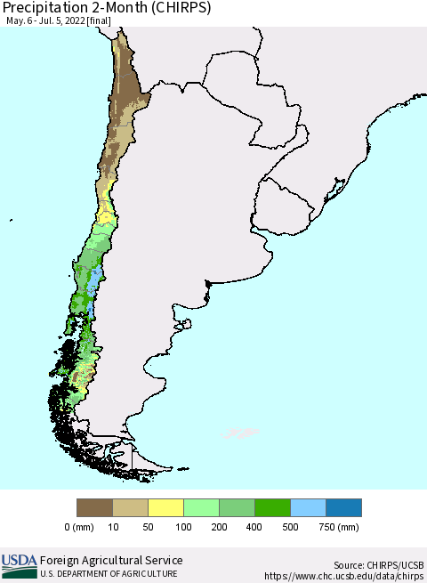 Chile Precipitation 2-Month (CHIRPS) Thematic Map For 5/6/2022 - 7/5/2022