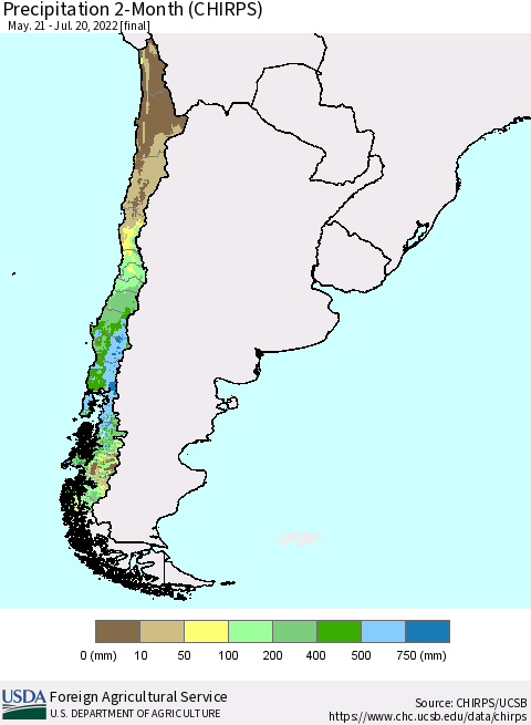 Chile Precipitation 2-Month (CHIRPS) Thematic Map For 5/21/2022 - 7/20/2022
