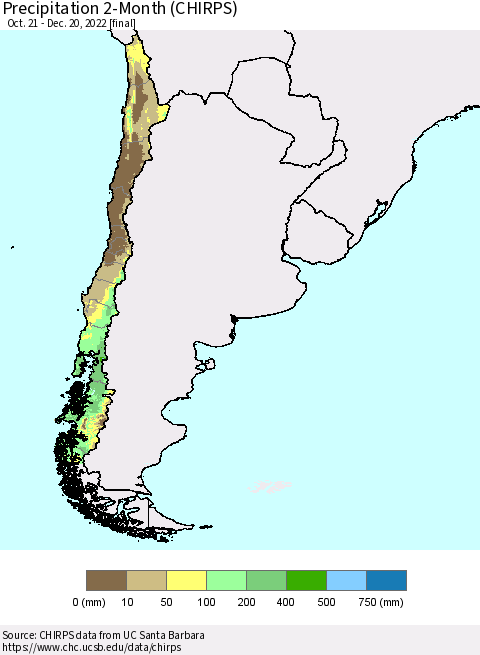 Chile Precipitation 2-Month (CHIRPS) Thematic Map For 10/21/2022 - 12/20/2022