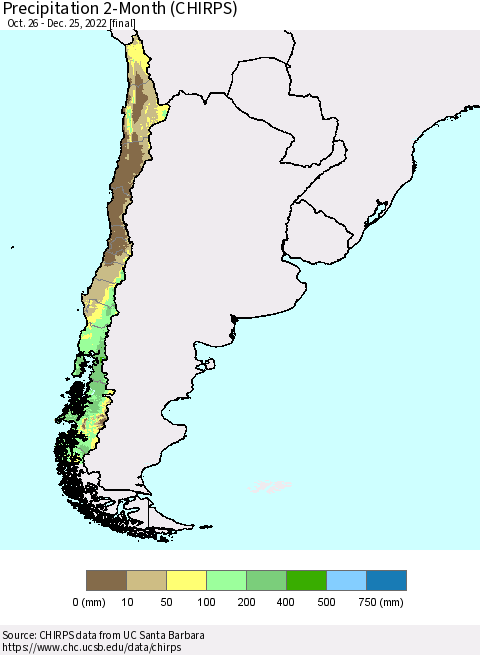 Chile Precipitation 2-Month (CHIRPS) Thematic Map For 10/26/2022 - 12/25/2022
