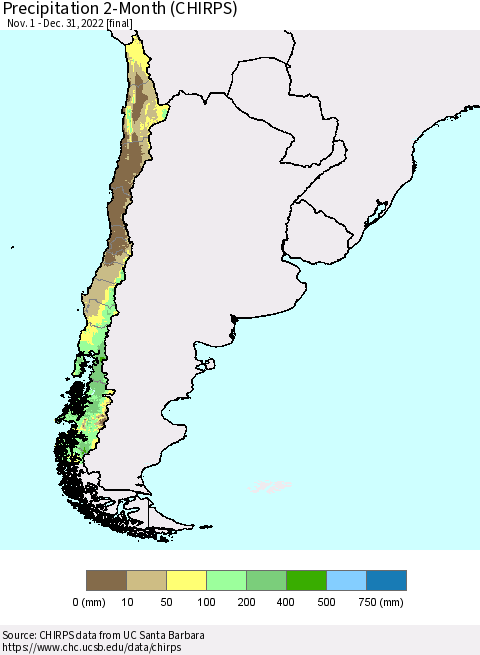 Chile Precipitation 2-Month (CHIRPS) Thematic Map For 11/1/2022 - 12/31/2022