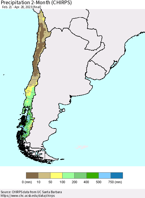 Chile Precipitation 2-Month (CHIRPS) Thematic Map For 2/21/2023 - 4/20/2023