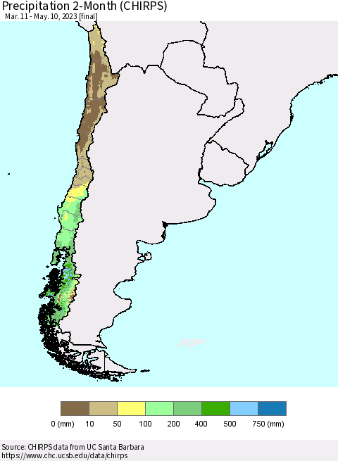 Chile Precipitation 2-Month (CHIRPS) Thematic Map For 3/11/2023 - 5/10/2023