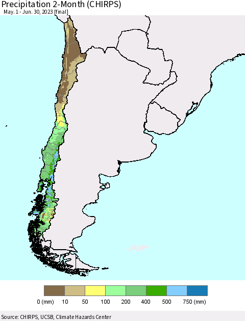 Chile Precipitation 2-Month (CHIRPS) Thematic Map For 5/1/2023 - 6/30/2023