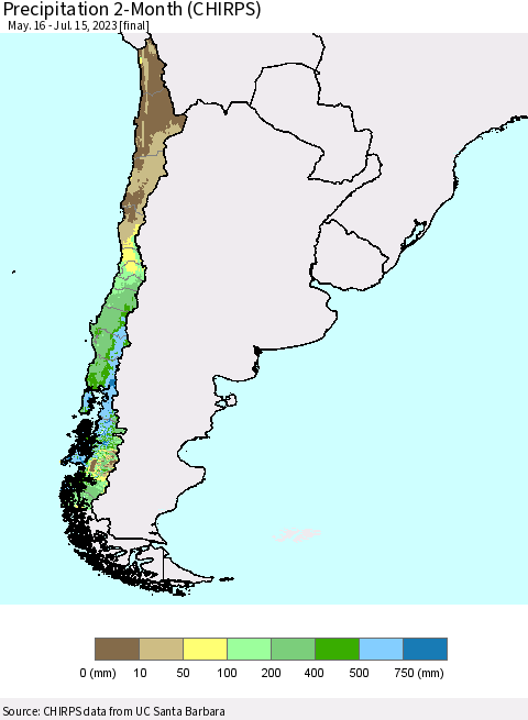 Chile Precipitation 2-Month (CHIRPS) Thematic Map For 5/16/2023 - 7/15/2023