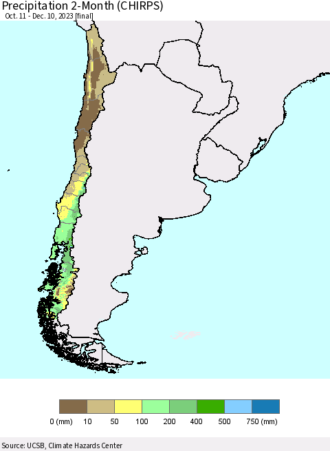 Chile Precipitation 2-Month (CHIRPS) Thematic Map For 10/11/2023 - 12/10/2023