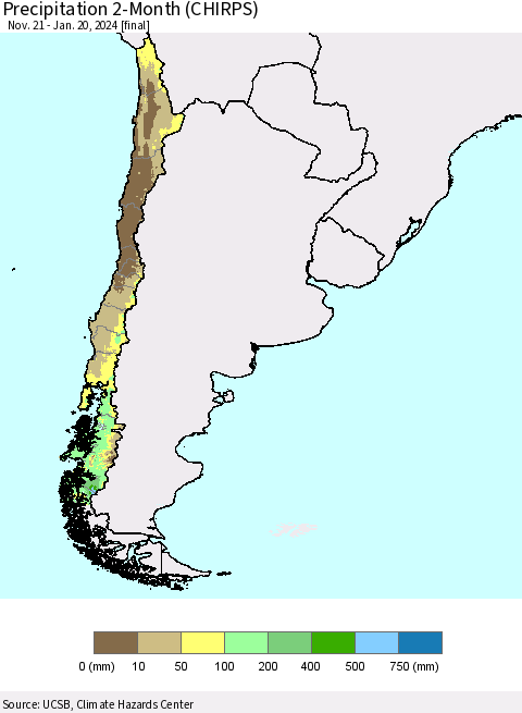 Chile Precipitation 2-Month (CHIRPS) Thematic Map For 11/21/2023 - 1/20/2024