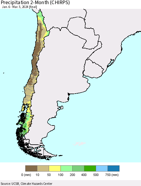Chile Precipitation 2-Month (CHIRPS) Thematic Map For 1/6/2024 - 3/5/2024