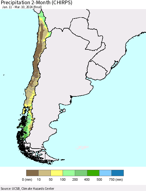 Chile Precipitation 2-Month (CHIRPS) Thematic Map For 1/11/2024 - 3/10/2024