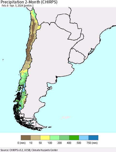 Chile Precipitation 2-Month (CHIRPS) Thematic Map For 2/6/2024 - 4/5/2024