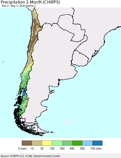 Chile Precipitation 2-Month (CHIRPS) Thematic Map For 3/6/2024 - 5/5/2024