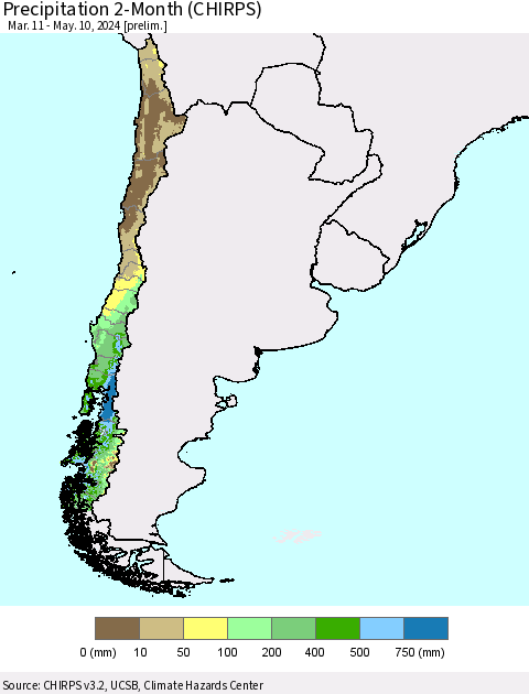 Chile Precipitation 2-Month (CHIRPS) Thematic Map For 3/11/2024 - 5/10/2024