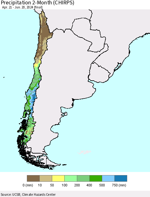 Chile Precipitation 2-Month (CHIRPS) Thematic Map For 4/21/2024 - 6/20/2024