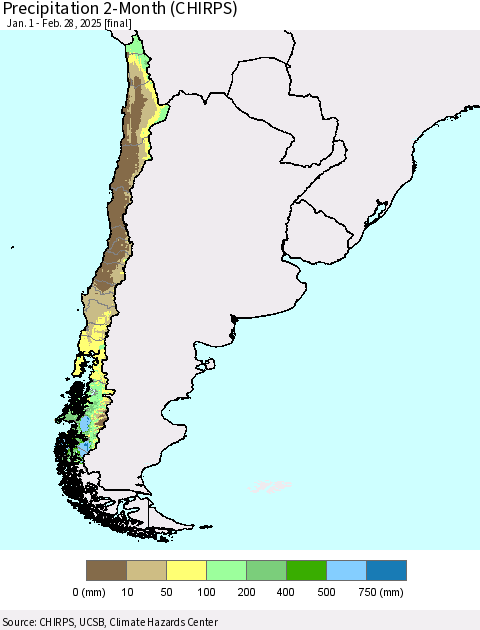 Chile Precipitation 2-Month (CHIRPS) Thematic Map For 1/1/2025 - 2/28/2025