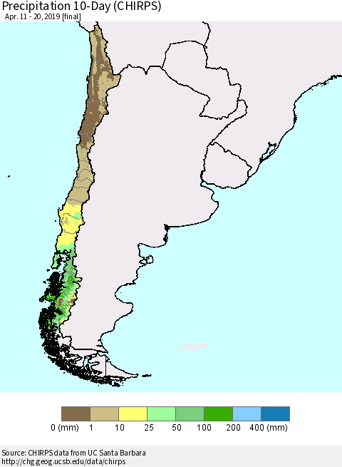 Chile Precipitation 10-Day (CHIRPS) Thematic Map For 4/11/2019 - 4/20/2019