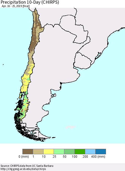 Chile Precipitation 10-Day (CHIRPS) Thematic Map For 4/16/2019 - 4/25/2019