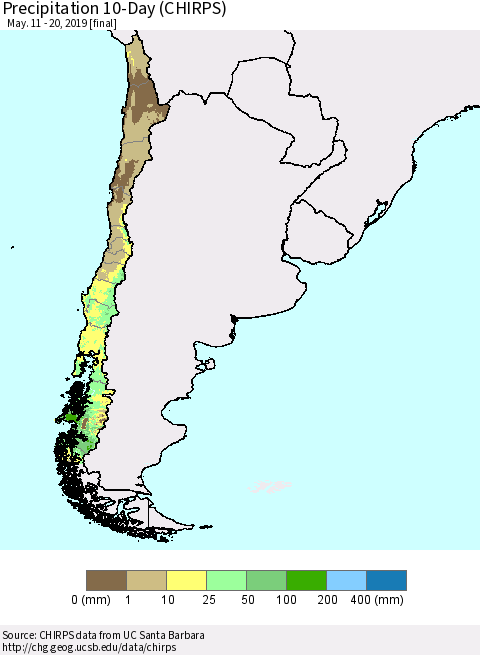 Chile Precipitation 10-Day (CHIRPS) Thematic Map For 5/11/2019 - 5/20/2019
