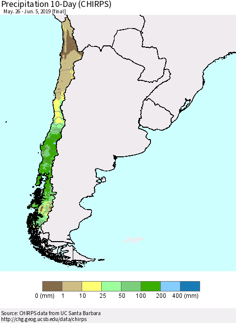 Chile Precipitation 10-Day (CHIRPS) Thematic Map For 5/26/2019 - 6/5/2019
