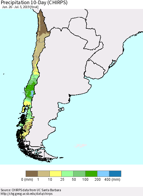 Chile Precipitation 10-Day (CHIRPS) Thematic Map For 6/26/2019 - 7/5/2019