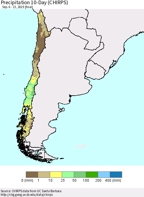 Chile Precipitation 10-Day (CHIRPS) Thematic Map For 9/6/2019 - 9/15/2019