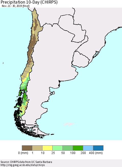 Chile Precipitation 10-Day (CHIRPS) Thematic Map For 11/21/2019 - 11/30/2019