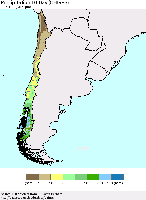 Chile Precipitation 10-Day (CHIRPS) Thematic Map For 6/1/2020 - 6/10/2020