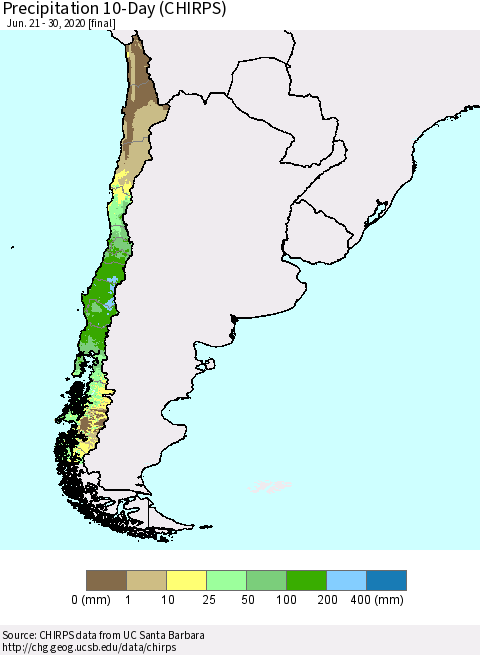 Chile Precipitation 10-Day (CHIRPS) Thematic Map For 6/21/2020 - 6/30/2020