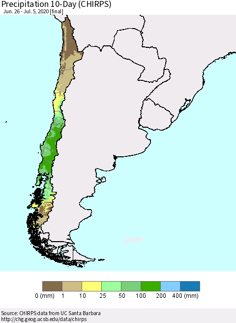 Chile Precipitation 10-Day (CHIRPS) Thematic Map For 6/26/2020 - 7/5/2020