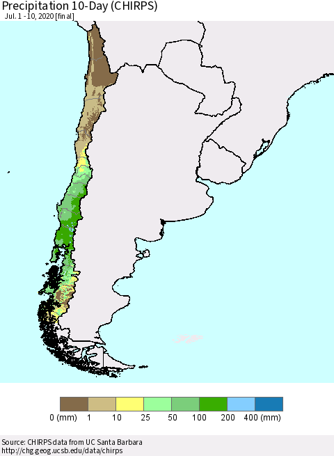 Chile Precipitation 10-Day (CHIRPS) Thematic Map For 7/1/2020 - 7/10/2020